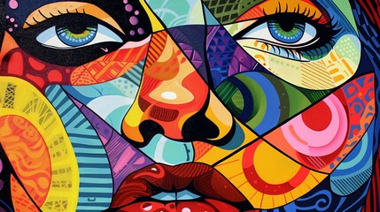Abstract pop art face, bold patterns, vibrant hues, straighton angle