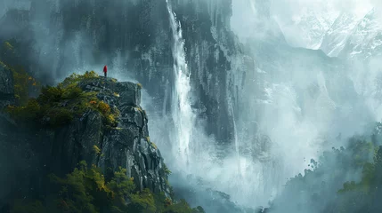 Abwaschbare Fototapete Capture the majestic flow of a high waterfall with a person standing at its base, looking up. They wear a bright red jacket that stands out against the misty blues and greens of the surrounding nature © Milagro