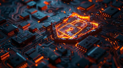 Glowing Cybersecurity Lock on a Circuit Board