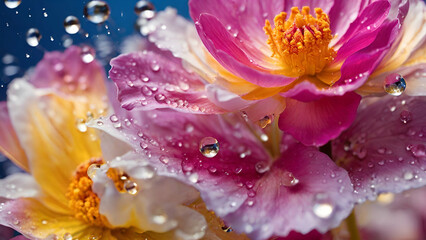 Experience the mesmerizing dance of water droplets as they delicately cling to the vibrant petals of a blooming flower, creating a stunning contrast of textures and colors