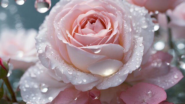 Glistening water droplets hang delicately on the petals of a blooming rose, each one reflecting the soft light of dawn like tiny jewels. The image, a high-definition photograph, captures the intricate