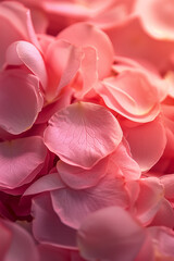 Naklejka premium Pink rose petals texture background with copy space. Warm sun light. Top view romantic abstract banner.