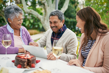 Senior, couple and laughing, outdoor and tablet for celebration of anniversary of parents with...