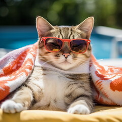 Cat Glasses Sunbathing on a beach towel 