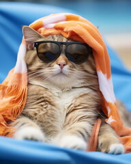 Cat Glasses Sunbathing on a beach towel  - obrazy, fototapety, plakaty