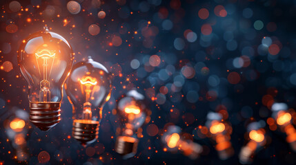 Light bulbs with glowing sparks floating in an abstract space.