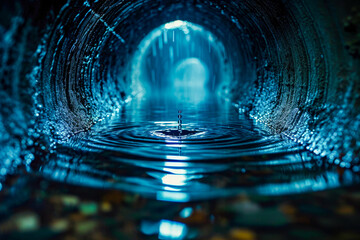Blue and white photo of tunnel with water dripping off its edge into pool below.