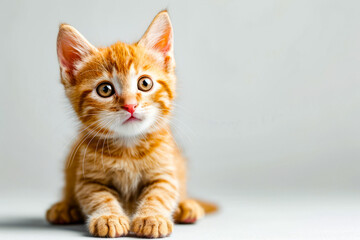 Small orange kitten with big eyes sits on table looking at something.