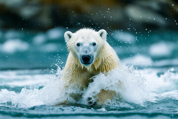 Polar bear is swimming in body of water with its head above the surface. - Powered by Adobe