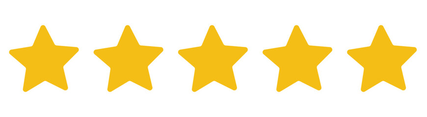 Five stars customer product rating review flat icon for apps and websites, golden 5 stars yellow score.
