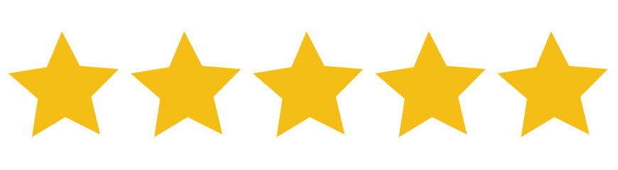 Five stars customer product rating review flat icon for apps and websites, golden 5 stars yellow score. 