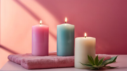 Obraz na płótnie Canvas Three candles in different colors are arranged on pink background.