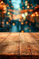 Selbstklebende Fototapeten Blurry photo of wooden table in room with lights on it. © valentyn640