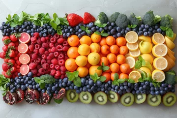 Fototapeten Fresh organic fruits and vegetables arranged beautifully, promoting sustainable eating habits © Veniamin Kraskov