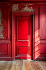 Red door with black handle is open to reveal the dark interior of the room beyond it.
