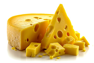 Block of cheese has been cut into several pieces with some of them having triangular shape. - obrazy, fototapety, plakaty