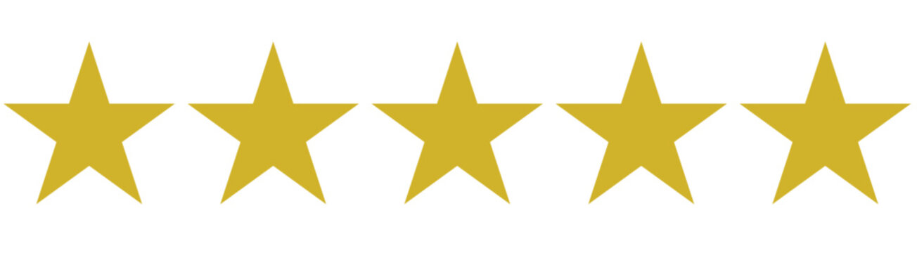 Five stars customer product rating review flat icon for apps and websites, golden 5 stars yellow score. 11:11