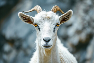 Goat with long horns and yellow eyes stares directly at the camera.