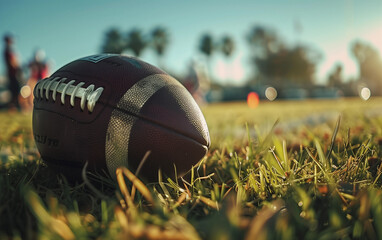 Close-up of an American football on green grass during a training game - american football, training session.
