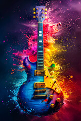 Guitar that is painted with many different colors.