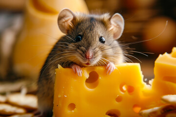 Small mouse is sitting on top of piece of cheese. - obrazy, fototapety, plakaty