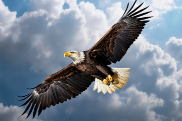 Bald eagle soars through cloudy sky.