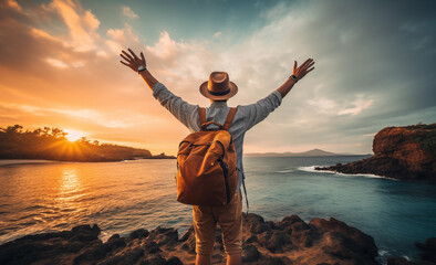 Fresh-faced traveler with backpack and hat delighting in ocean outlook