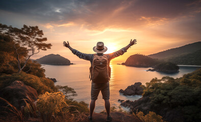 Junior adventurer with backpack and hat relishing maritime panorama