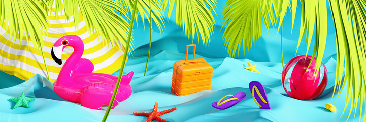Fluorescent summer background. Summer beach accessories on blue sea water. 3D Rendering, 3D Illustration - 781132749