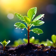 sprout tree with vibrant background and have droplets on the leaves