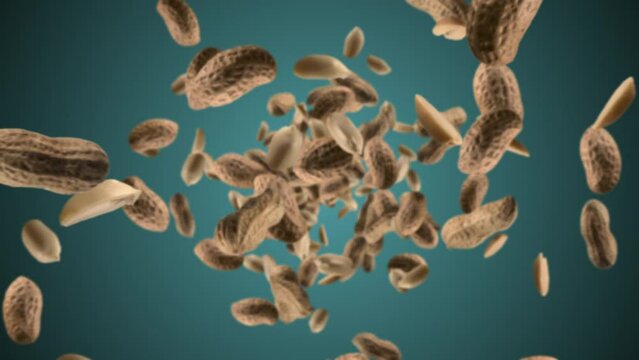 Raw unshelled peanuts chunks exploding and flying in super slow motion. Pieces of peanuts with shells drops after explosion. High speed 1000fps vertical video