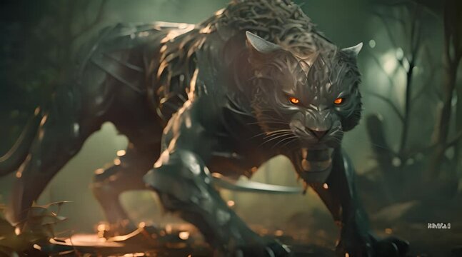 highly active realistic black panther AI driven robots. little blur animation video