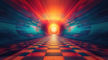 A vivid abstract tunnel with dynamic, swirling patterns and a sun-like orb casting radiant light down the checkered corridor. Generative AI