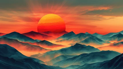 Fotobehang A breathtaking digital landscape captures the beauty of a majestic sunset casting warm hues over a serene desert mountain range. Generative AI © Vilaysack
