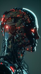 A close-up of a chrome robot head showcasing intricate machine design