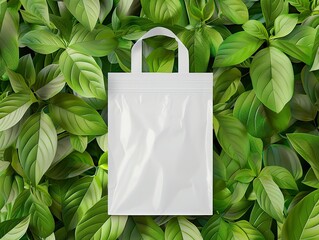 White Plastic bag mockup Stock Photos, White plastic bag template, green leaves background