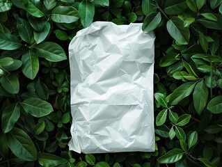 White Plastic bag mockup Stock Photos, White plastic bag template, green leaves background