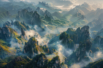 Aerial view of china landscape with mountains - obrazy, fototapety, plakaty