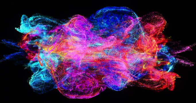 Shapes of red and blue particles are mixed in space. Chemistry science concept, mixing elements, abstraction, 3D animation.