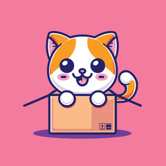 Cute little kitten in carton box playing cartoon illustration