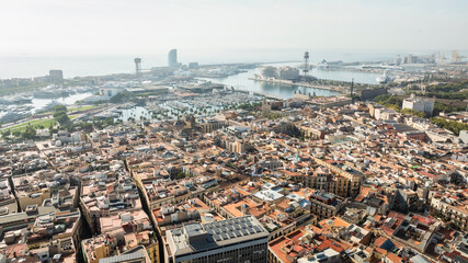 Aerial view of Barcelona city. Drone shot.