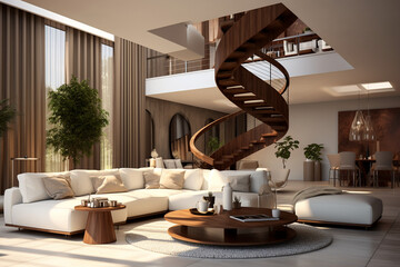 Spacious living room with spiral staircase and large sofa