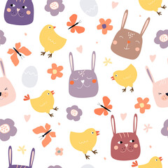 Seamless pattern with funny faces of rabbits, chickens, vets, butterflies, eggs. Abstract cute spring print. Vector graphics.
