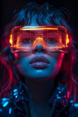 Woman with futuristic augmented reality glasses. Cyberpunk style portrait with neon lighting. AR Technology and Virtual Reality concept.