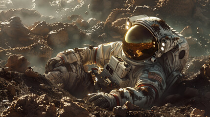 Astronaut in a soiled suit left alone on an unknown planet