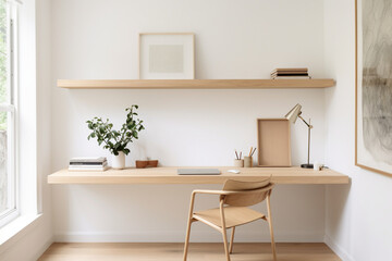 Minimalist workspace, sleek wooden table, ergonomic