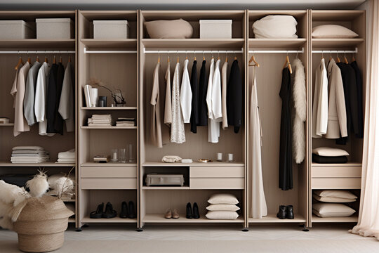 Open wardrobe clothing in light tones 