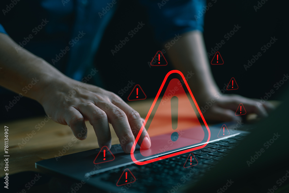 Poster System warning hacked alert, cyber attack on computer network. Cybersecurity vulnerability, data breach, illegal connection, compromised information concept. Malicious software, virus and cybercrime.