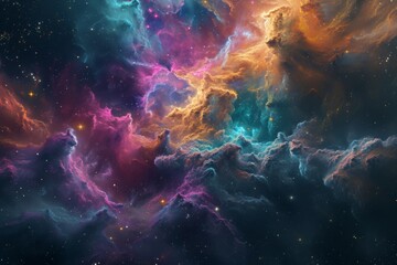A vibrant space scene featuring numerous stars and clouds against a colorful backdrop, A splash of...