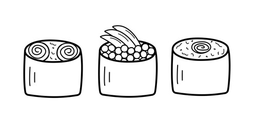 Sushi and rolls set doodle style. Vector illustration of Japanese Asian cuisine, menu icons for restaurants.